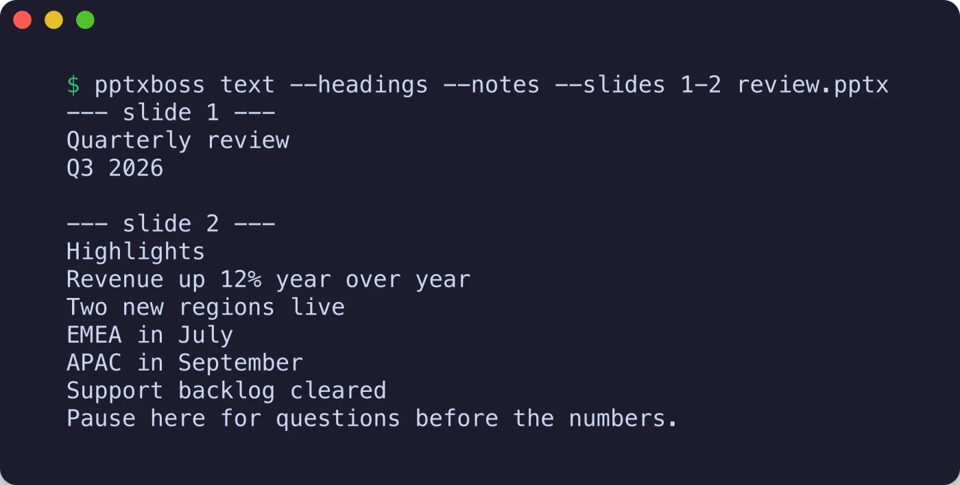 A terminal showing pptxboss text with a heading per slide and speaker notes after each slide's text